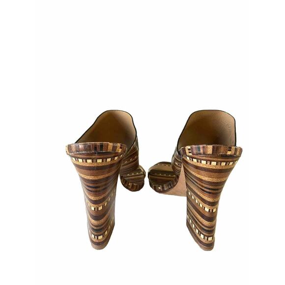 Vince Camuto Brown & Beige Becca Heel Slip On Leather Sandals Size 9 Wood tone - Picture 3 of 12